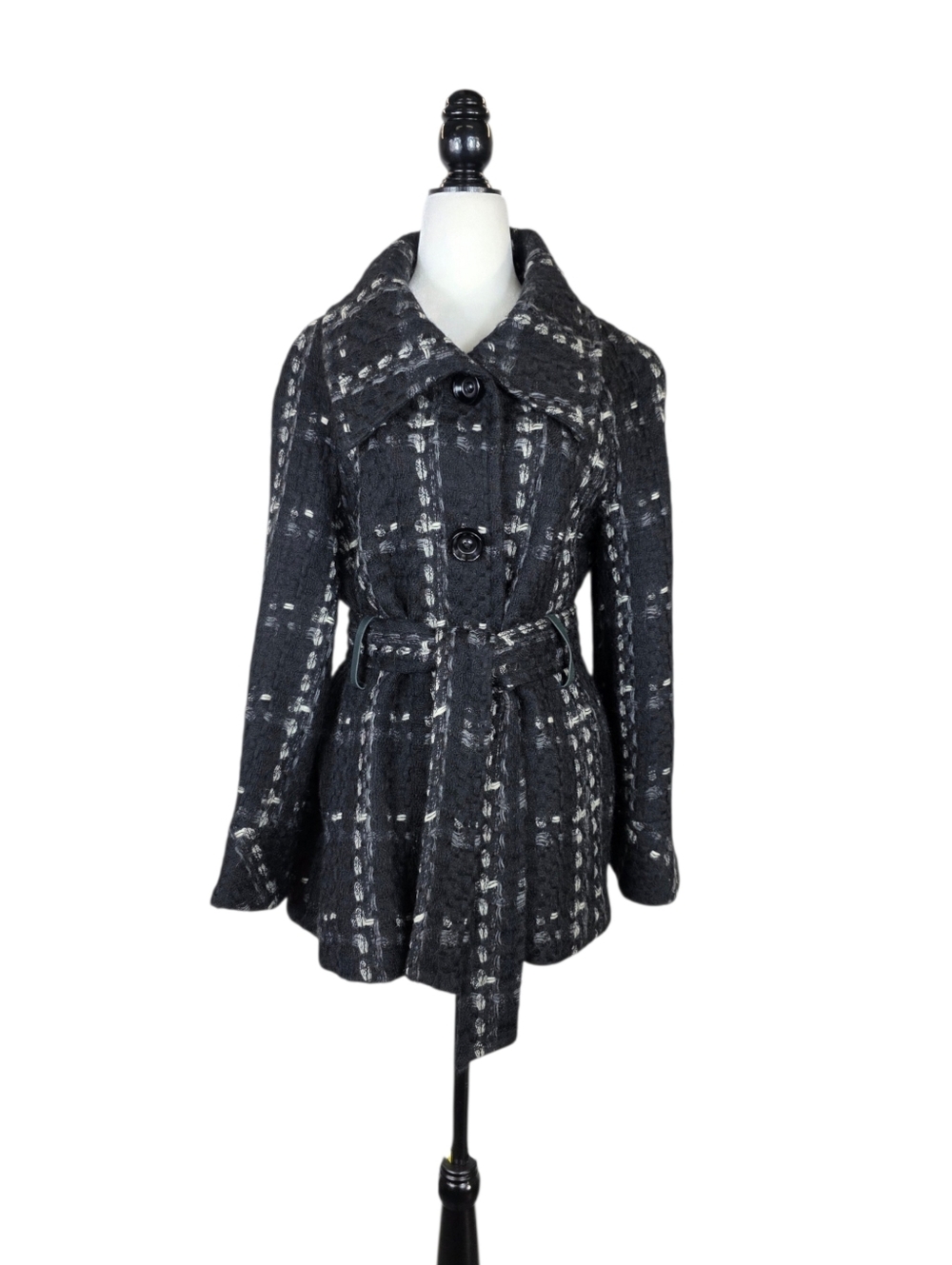 Vintage Votre Nom Tweed plaid wool &Mohair blend leather belt bell sleeves coat